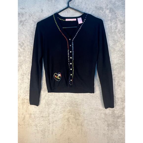 Easel Cardigan Sweater Black Embroidered Floral Heart Dainty Preppy Academia - Picture 1 of 6